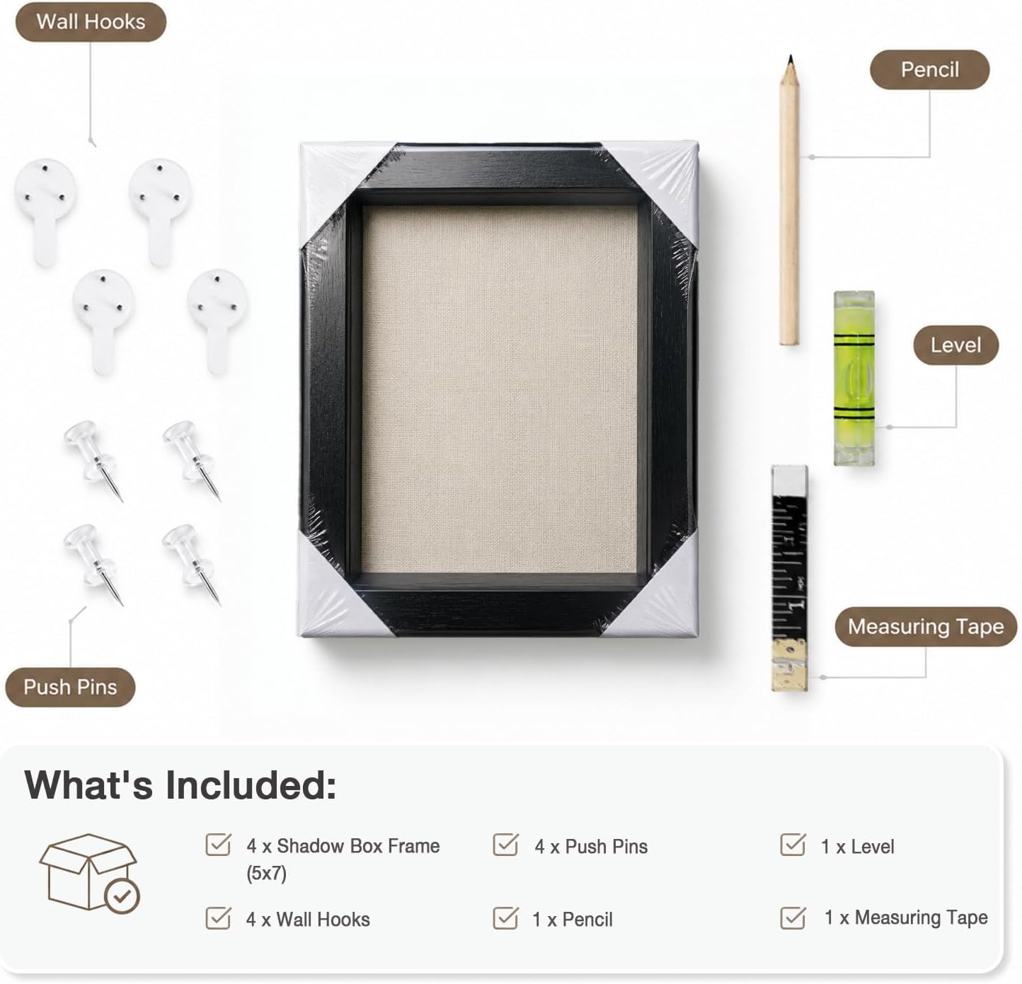 5x7 Shadow Box Picture Frame, 4-Pack Linen Back, Keepsake, Black | Wooden Display Cases, 2 Ways to Display, Crystal Clear, Wall & Tabletop, Push Pins, 1" Depth for Flowers, Crafts & Photos