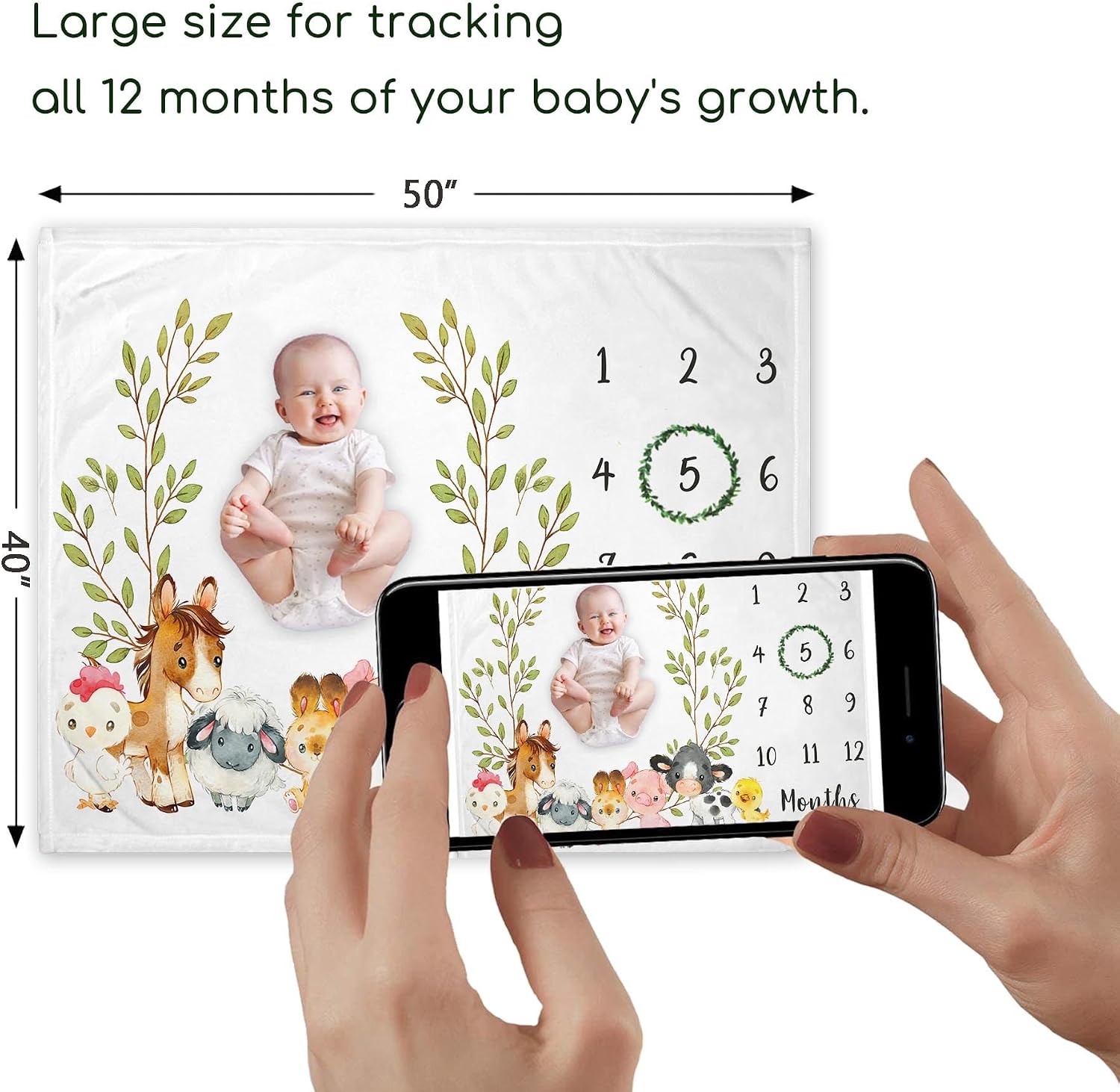 Yuzioey Farm Animals Milestone Blanket, Farm Baby Growth Chart Monthly Blanket, Watch Me Grow Baby Nursery, Horse Cow Sheep Pig, Includes Marker (50"x40")