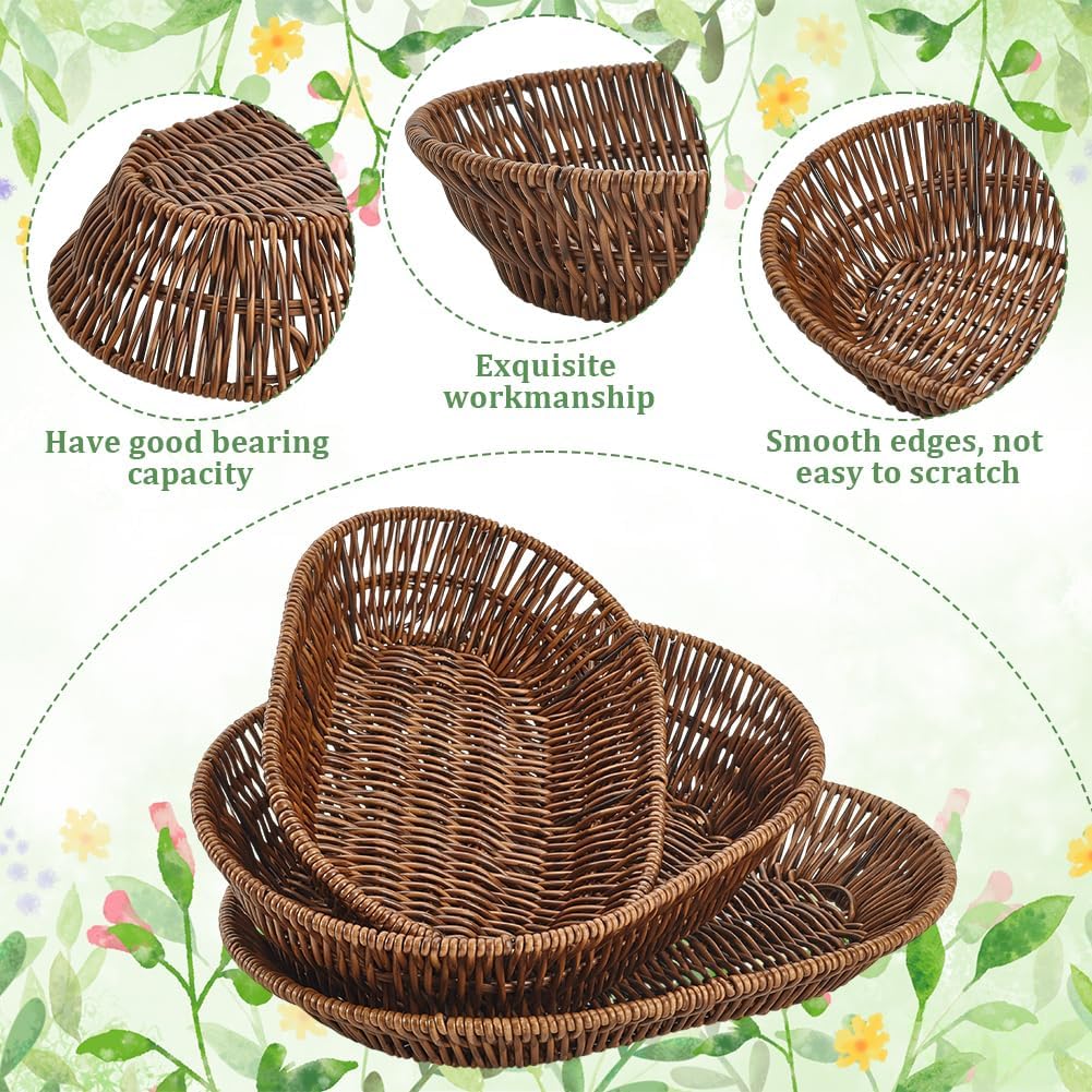 6 Pack Small Woven Breads Baskets, Stackable Plastic Wicker Basket Tabletop Storage Bins Fruit Vegetables Sundries Storage for Bakery Home Kitchen Restaurant, Coconut Brown 3 Size