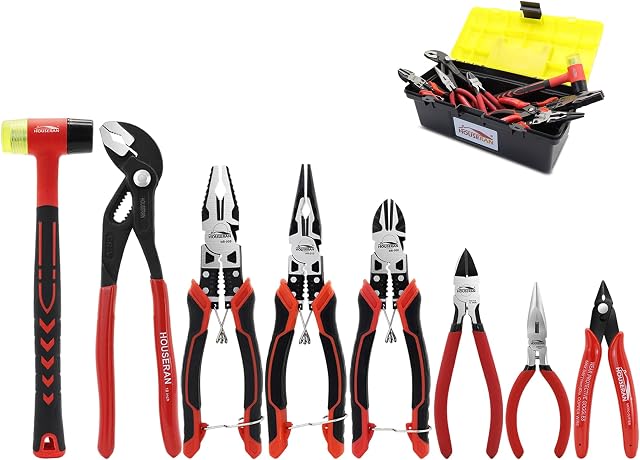 8 PCS Pliers Set with Case for DIY & Home Use | 10” Slip Joint, 8.3” Long Nose, 8.3” Linesman, 7.5” Diagonal, 6” Flush Cutter, 5” Long Nose, 5” Cutter, 25mm Rubber Mallet