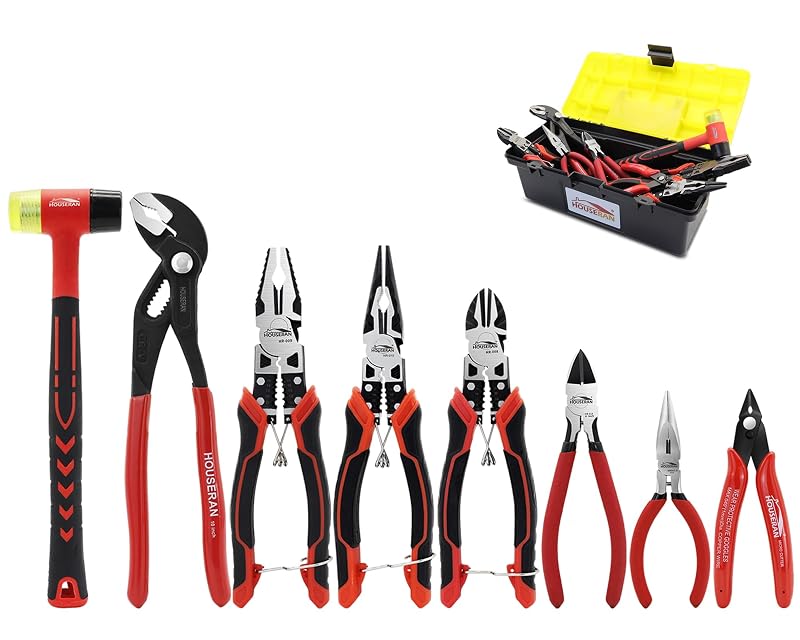 Kit de Alicates para Reparos e DIY HOUSERAN com Alicates de Corte, Alicates de Bico e Martelo de Borracha, 8 peças