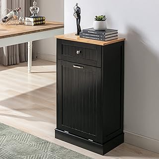 Gitua Trash Cabinet Tilt Out Freestanding, Pet Proof Kitchen Trash Cabinet Laundry Hamper with Cutting Board, Wood Garbage Recycling Station Hideaway Trash Holder Drawers (1, Black)