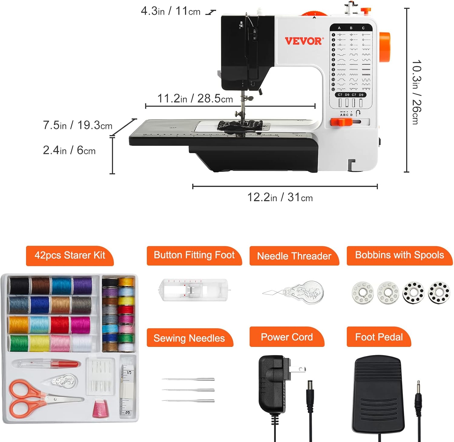 VEVOR sewing machine with dimensions and included 42-piece starter kit