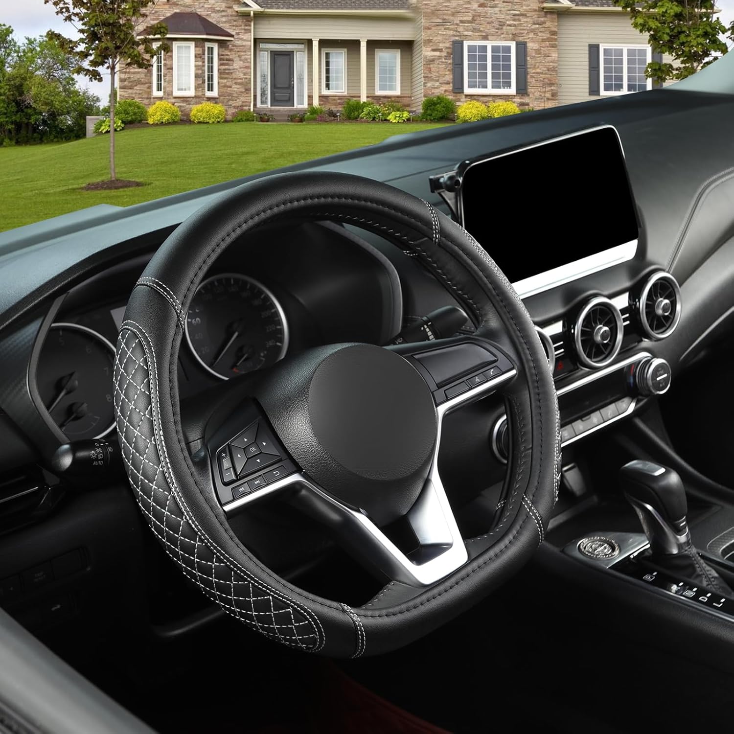 West Llama Flat Bottom Car Steering Wheel Cover for Nissan,D Shaped Steering Wheel Cover for Rogue,Altima,Kicks (Diamond Quilted-Black+Gray-Standard Size) - Image 5