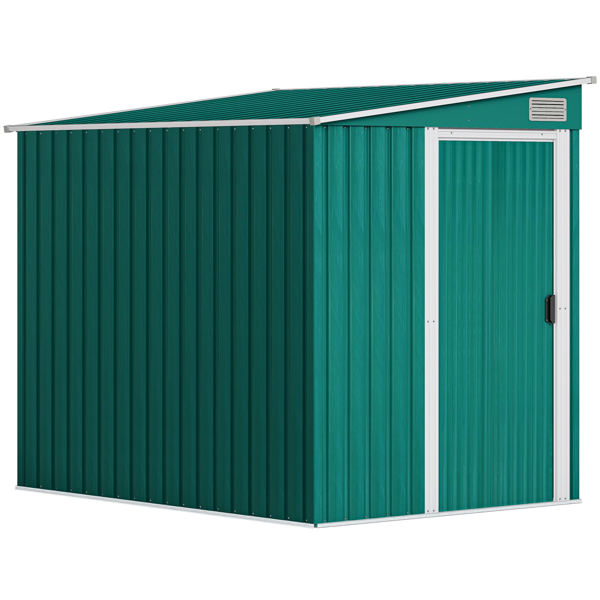 Outsunny Casetta da Giardino 2.81m² Acciaio Zincato Capanno Porta Attrezzi Addossato Porta Scorrevole Tetto Inclinato Verde
