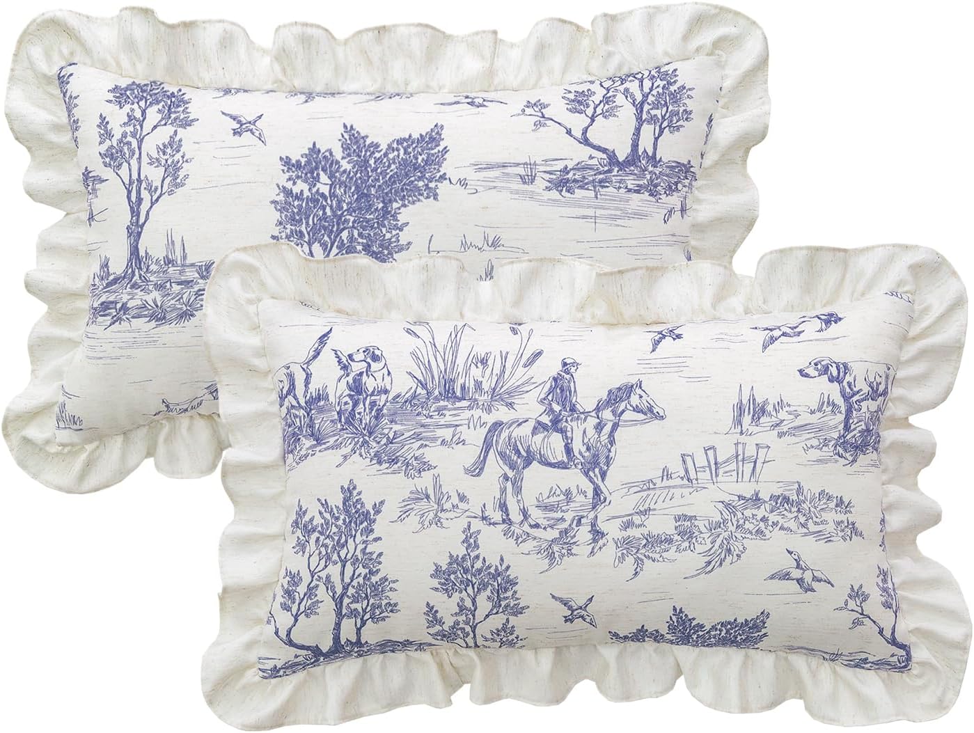 Rustic Throw Pillow Covers Set of 2 Classic French Village Printed Linen Fabric Decorative Pillow Cases Retro Ruffle Flounces Trim Rectangular Cushion Case for Livingroom Sofa Decor Blue 12 x 20 Inch