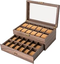 Watch Box for Men with 24 Compartments, Removable Cushion and Drawer, 2 Tiers for Storing Watches, Glass Tray, Gift for Dad and Friends