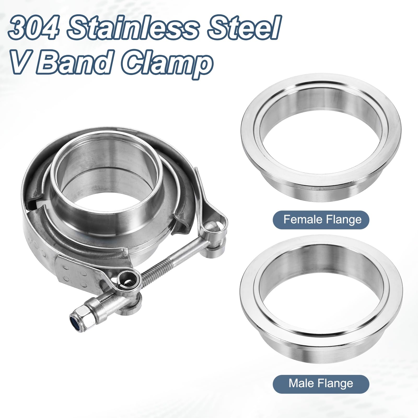 QUARKZMAN V Band Clamp Avec Flange 1.75 Pouce 304 Acier Inoxydable Male Female V-Band Exhaust Clamp Flange Kit Pour Auto Downpipe Exhaust System, Silver