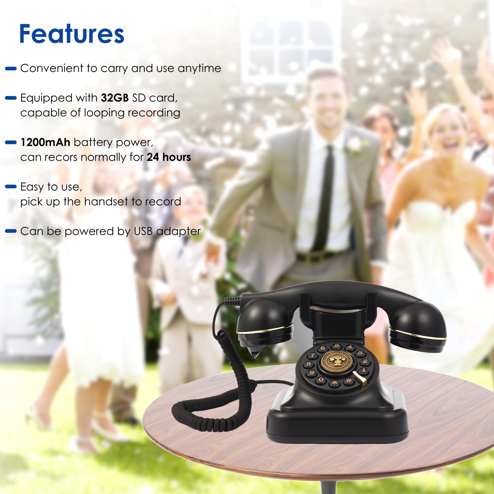 Audio Guest Book Wedding Phone, Audio Guestbook Phone Record Customized Audio Messages Guest Book Alternatives Classic Retro Phone for Parties Birthdays Rentals Confessions Special Occasions (Black)