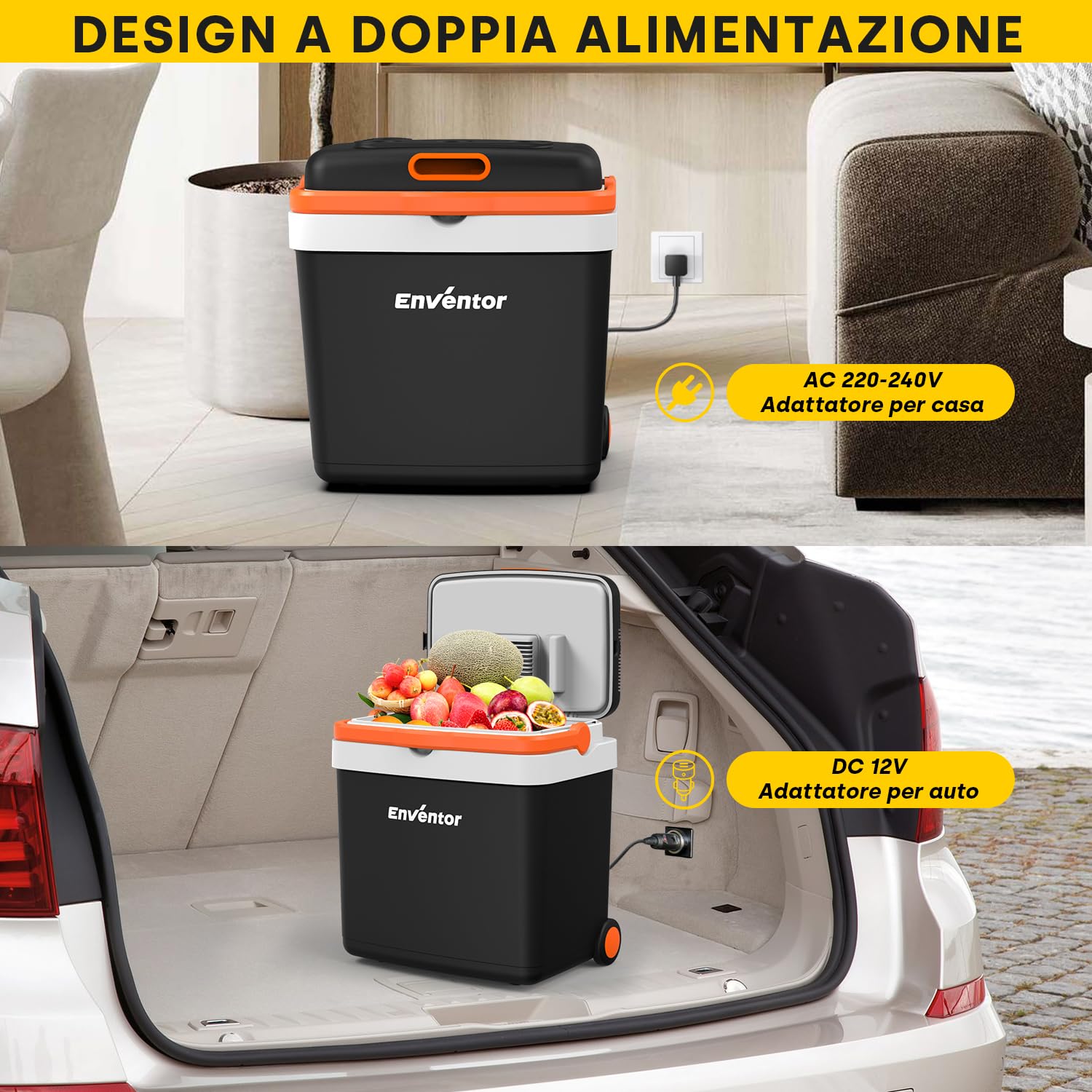 Enventor Frigo Portatile Elettrico con Ruote e Manico, 33L | Frigo da Campeggio, Modalità ECO, 12V 220V per Auto, Camion, Camper, Barca