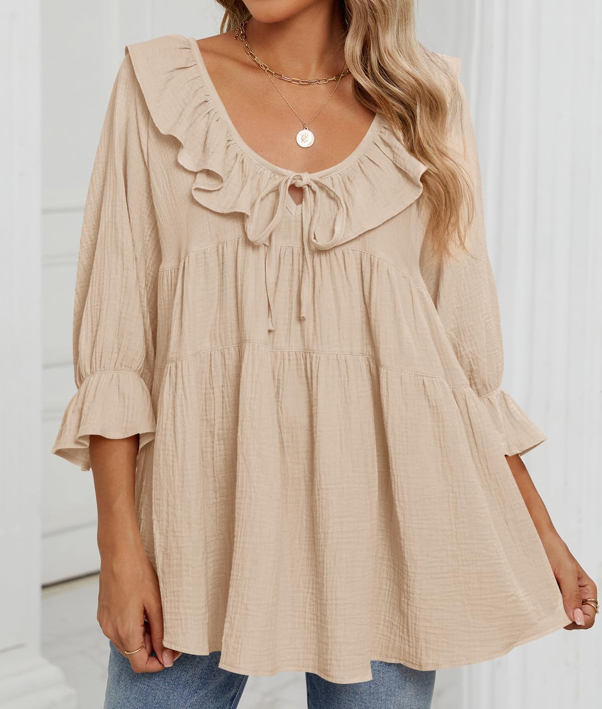 ZESICA Womens Scoop Neck 3/4 Length Sleeve Tops 2026 Casual Tie Front Ruffle Tiered Loose Tunic Shirts Blouses Fall Outfits - Image 7