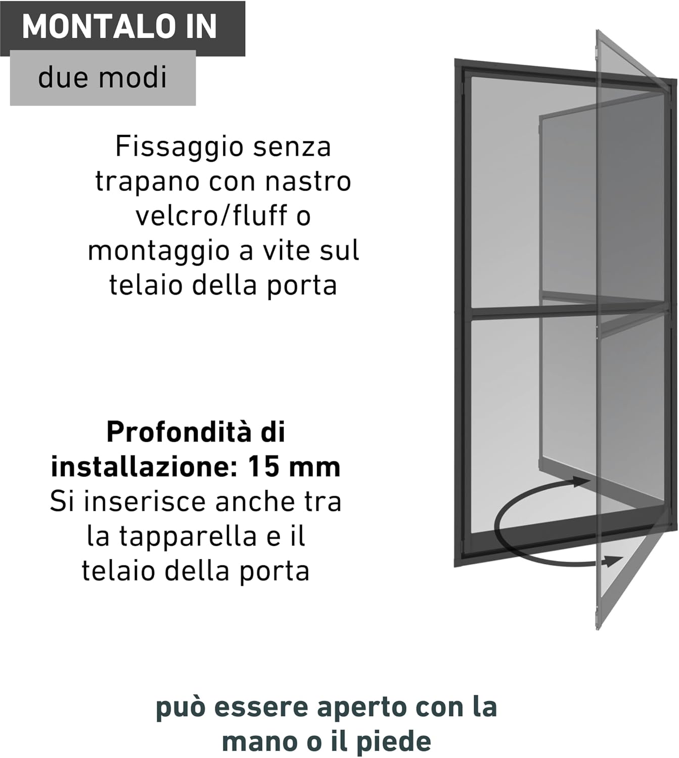 Diagram showing two installation methods: drill-free velcro and screw mounting, and the 15mm installation depth.