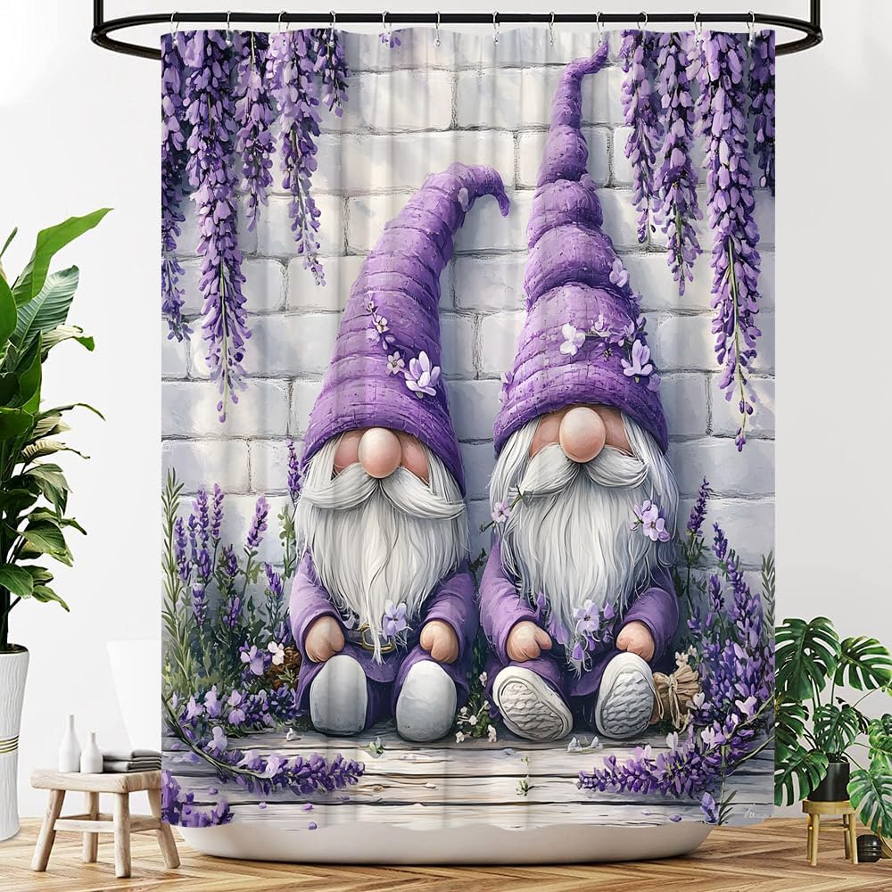 Purple Floral Gnomes Shower Curtain Farmhouse Lavender Spring Flowers Fabric Bathroom Decor Curtains with Hooks, 78" Wx70 H