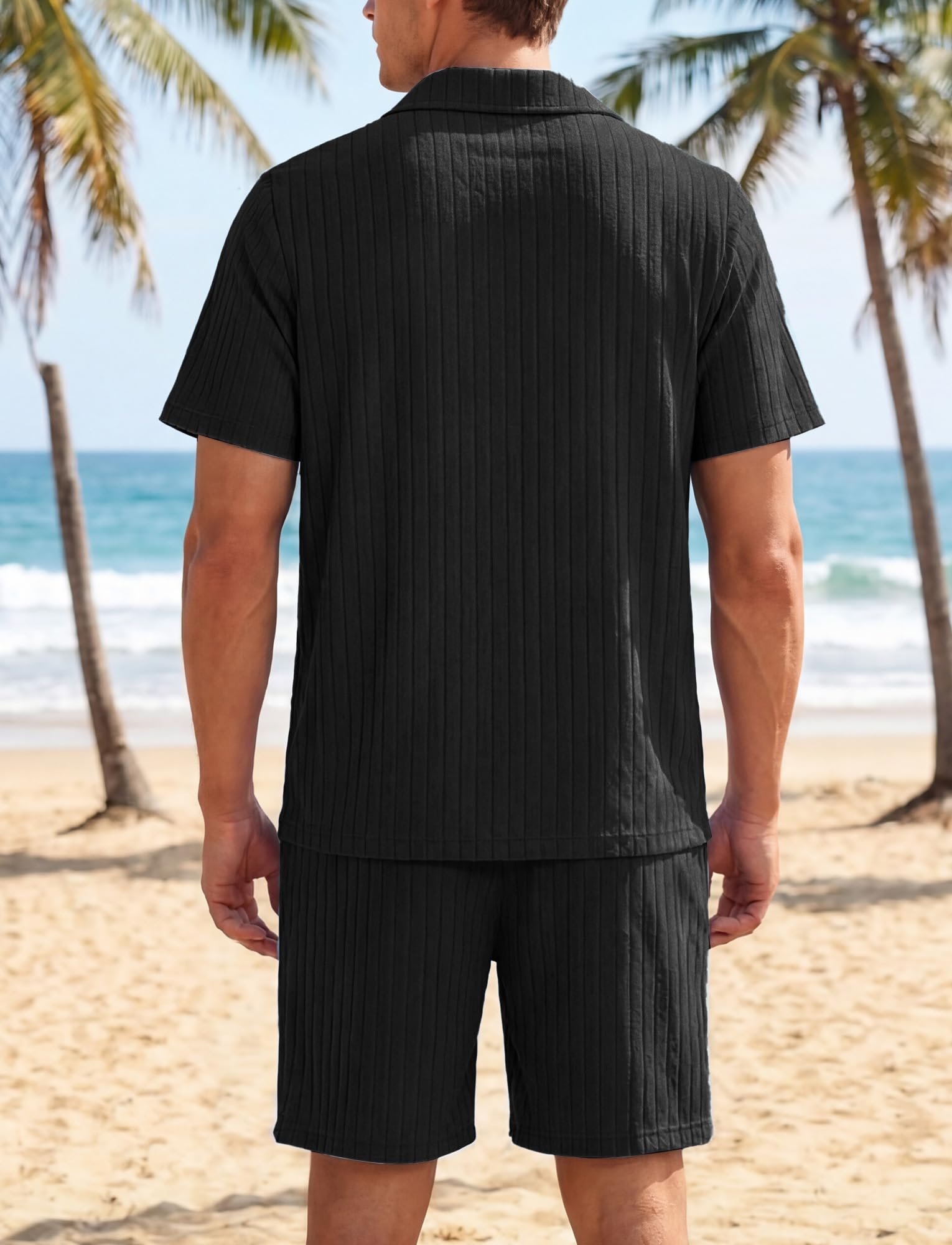 FEOYA Męski dres treningowy, 2-częściowy zestaw letni, z krótkim rękawem, listwa guzikowa, koszula i szorty, luźny strój w paski, na urlop, na plażę i do wypoczynku, strój do biegania