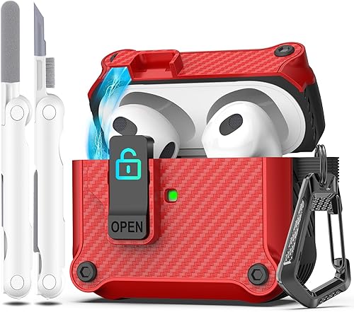 R-fun Funda para Airpods de 3 generación con clip de bloqueo seguro automático funda protectora de TPU duro para Apple Airpods 3 2021 con llavero de