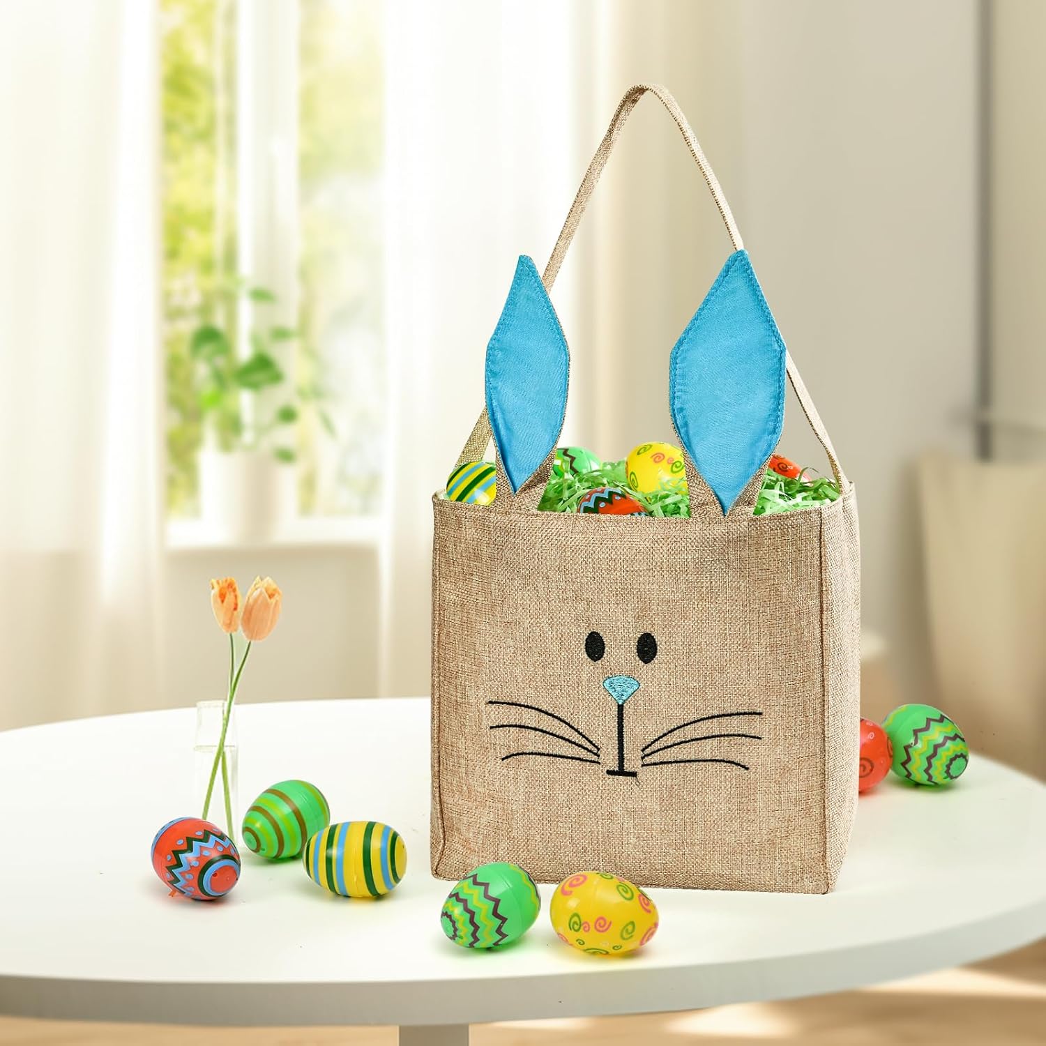 ATFUNSHOP Easter Baskets Bunny Bags Burlap Rabbit Tote Bags Pink for Eggs Hunt Kids Toddler Boys Girls - Image 5