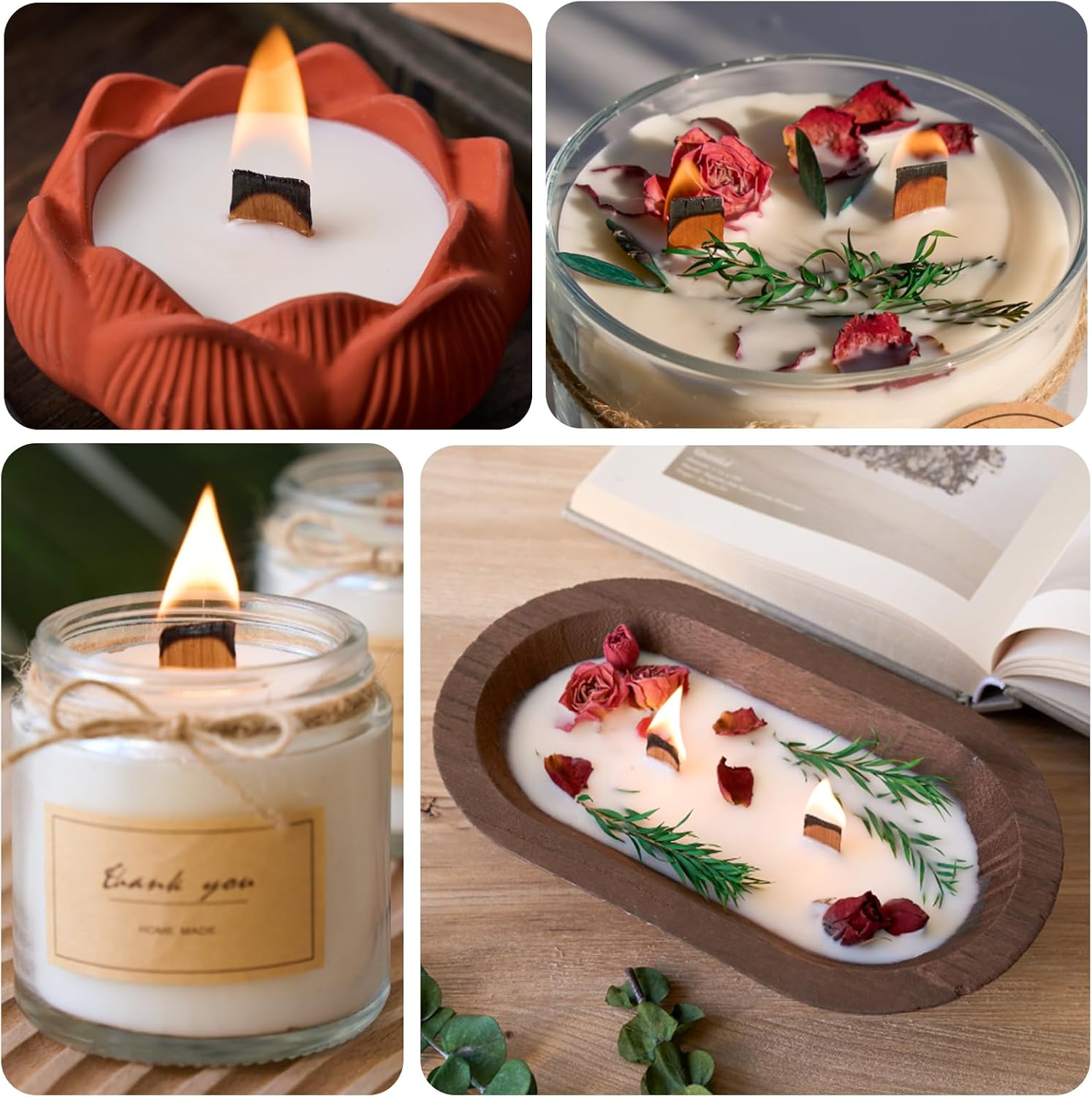 200pcs Thickened Wooden Candle Wicks Kit for Candle Making – Natural Smokeless Crackling Include 100pcs Wood Wicks with 100pcs Metal Bases, DIY Soy Wax Supplies
