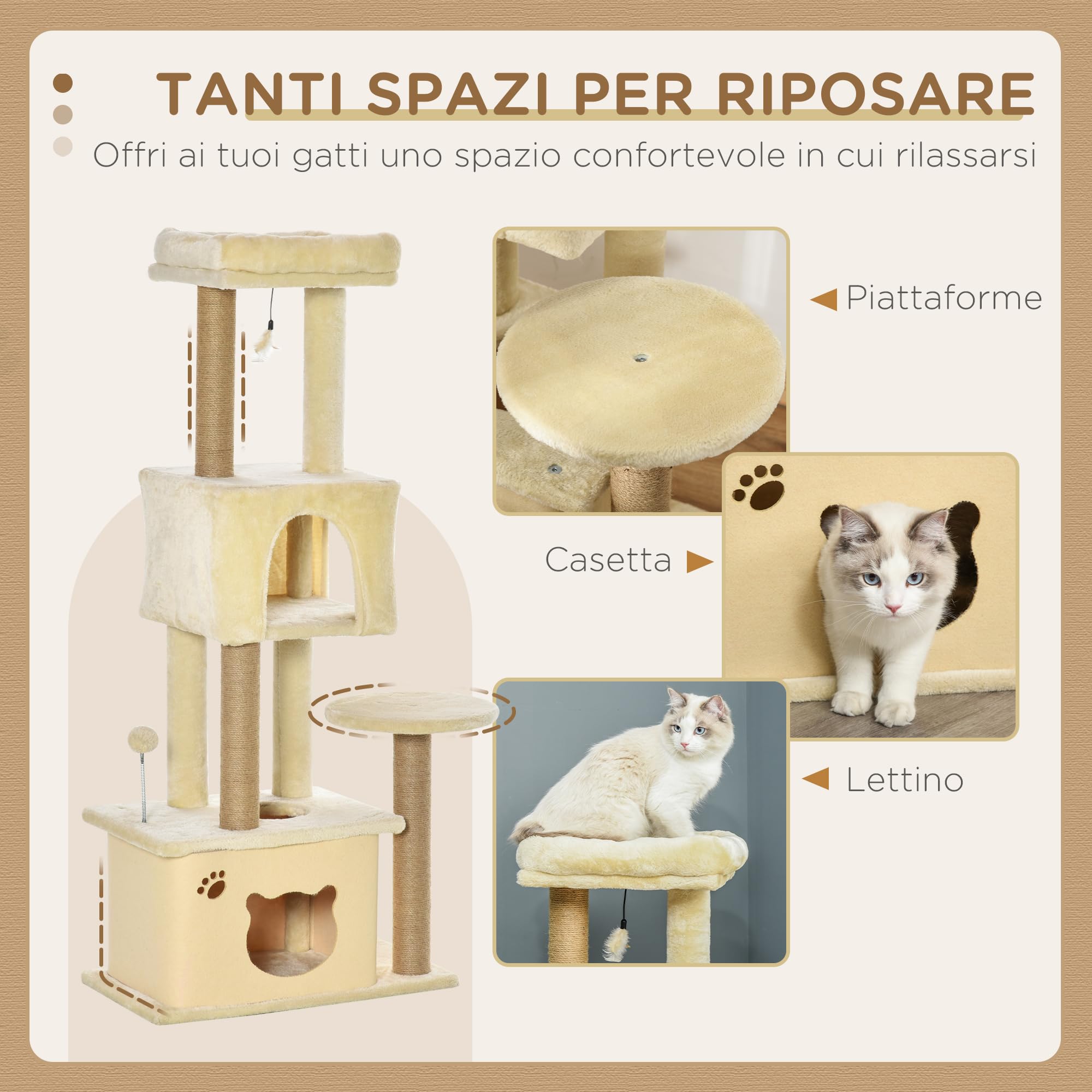 PawHut Albero per Gatti Adulti Tiragraffi 60x34x136 cm Beige | Cuccia Rimovibile, Tiragraffi per Gatti Multilivello, Pali in Iuta, 2 Cucce, Palle Giocattolo