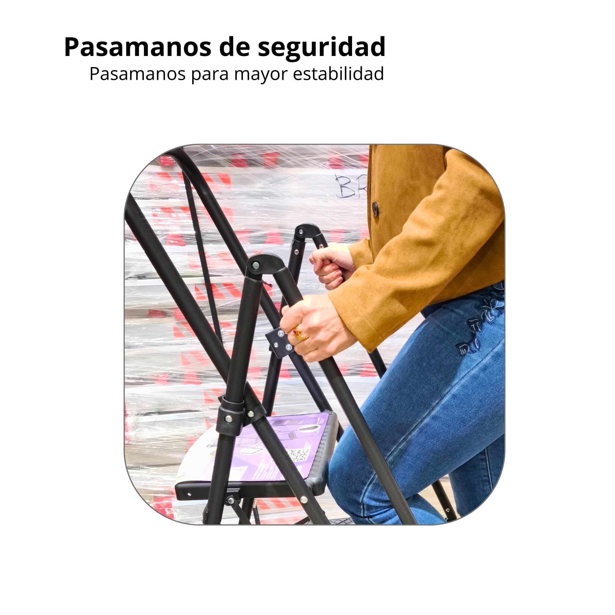 Homelux P19263 Escalera Plegable 4 Peldaños Anchos con Pasamanos – Peldaños de Polipropileno Antideslizantes con Estructura de Abeja – Escalera Hogar Segura y Compacta