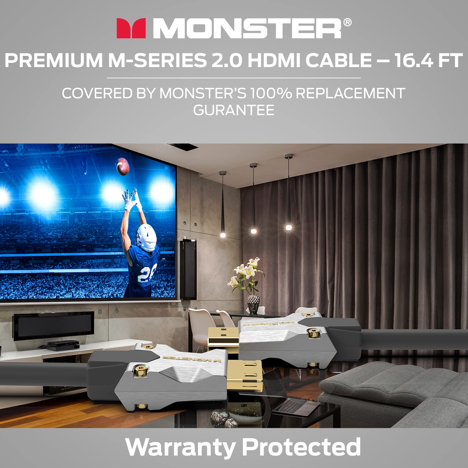 Monster M-Series Certified Premium HDMI Cable 2.0, Features 4K Ultra HD at 60Hz Refresh Rate, Duraflex Jacket, and Triple Layer Shielding, 22.5 Gbps - 16.4 ft