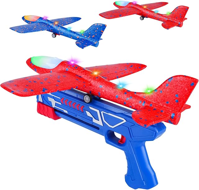 Led Glider Plane with Launcher Gun, Foam Catapult Airplane Flying Toy for 3-12 Years Old Kids Teenager Boys Girls, Indoor Outdoor Sport Game Gadget Xmas Birthday Present Gift Children Stocking Filler