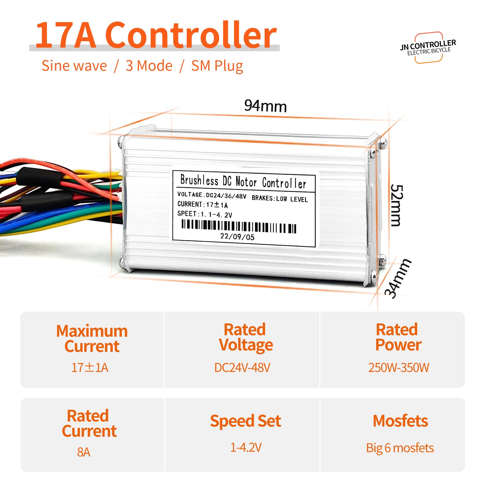 Ebike 17A Sine Wave Controller with CS866 Color Display, Adjustable Throttle & PAS for 500W 800W 1000W 1800W Electric Bicycles Hub Motor
