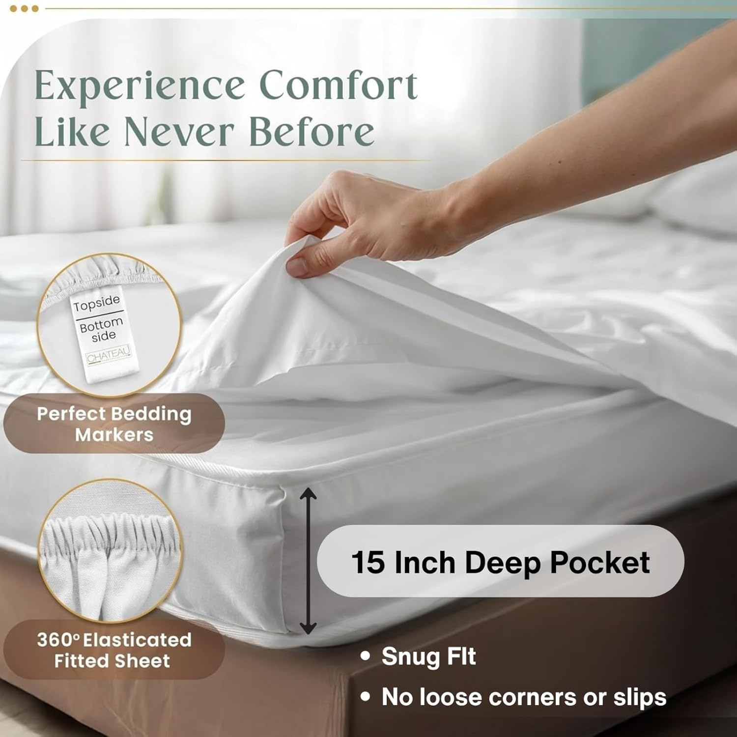 100% Egyptian Cotton Sheets Queen Size Bed Set, 15" Deep Pocket Queen Sheet set, Sateen Cotton Bed Sheet, Cool Soft Breathable No Pill Elasticated Luxury White Bedding For All Seasons