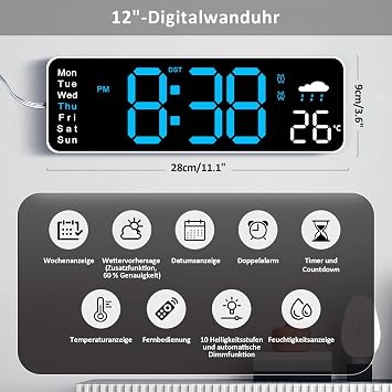 Digital Wall Clock 12 Inch LED Digital Clock with DST Summer Time Automatic Dimming Weather Forecast Temperature USB Mains Powered with Remote Control for Living Room Gym Church Garage Blue