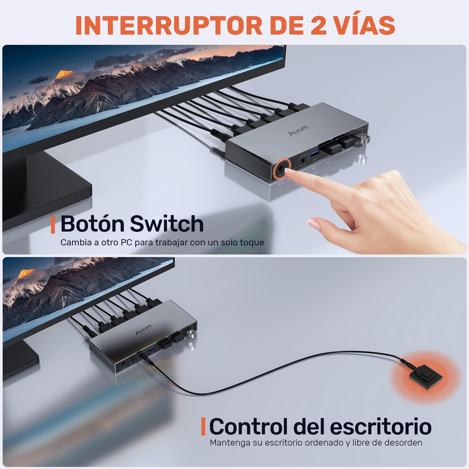 Alxum HDMI KVM-switch 2 pc's 1 monitor Ondersteuning 4K 60Hz Monitor Switch 2 in 1 USB 3.0-uitgang KVM-switches met 4 USB A Inclusief desktop controller 2 kabels
