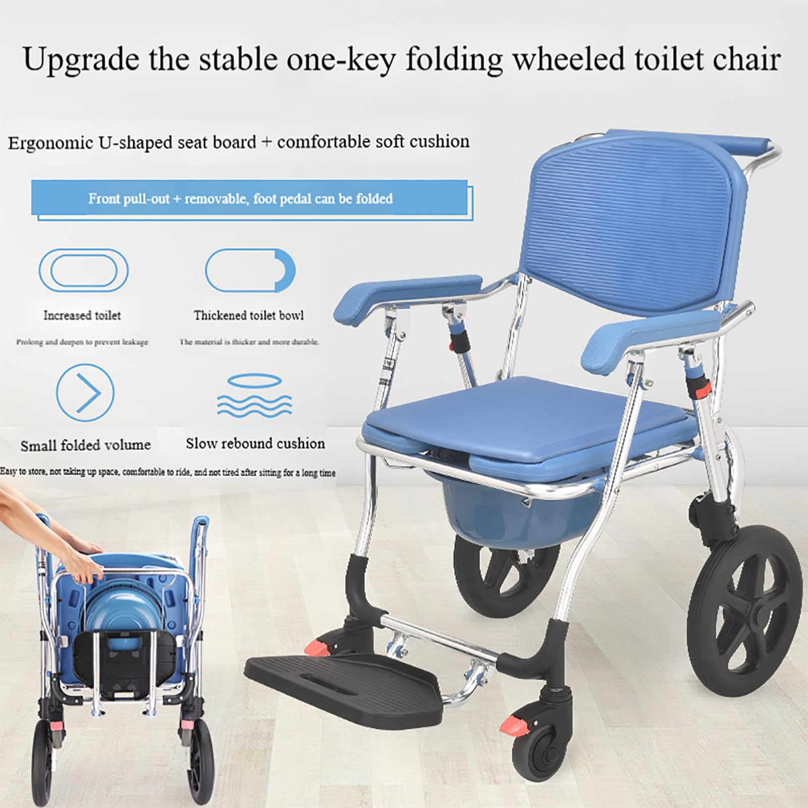 Sedia a rotelle per doccia e toilette per anziani disabili, sedile imbottito, freni di bloccaggio, vaso rimovibile, 150 kg