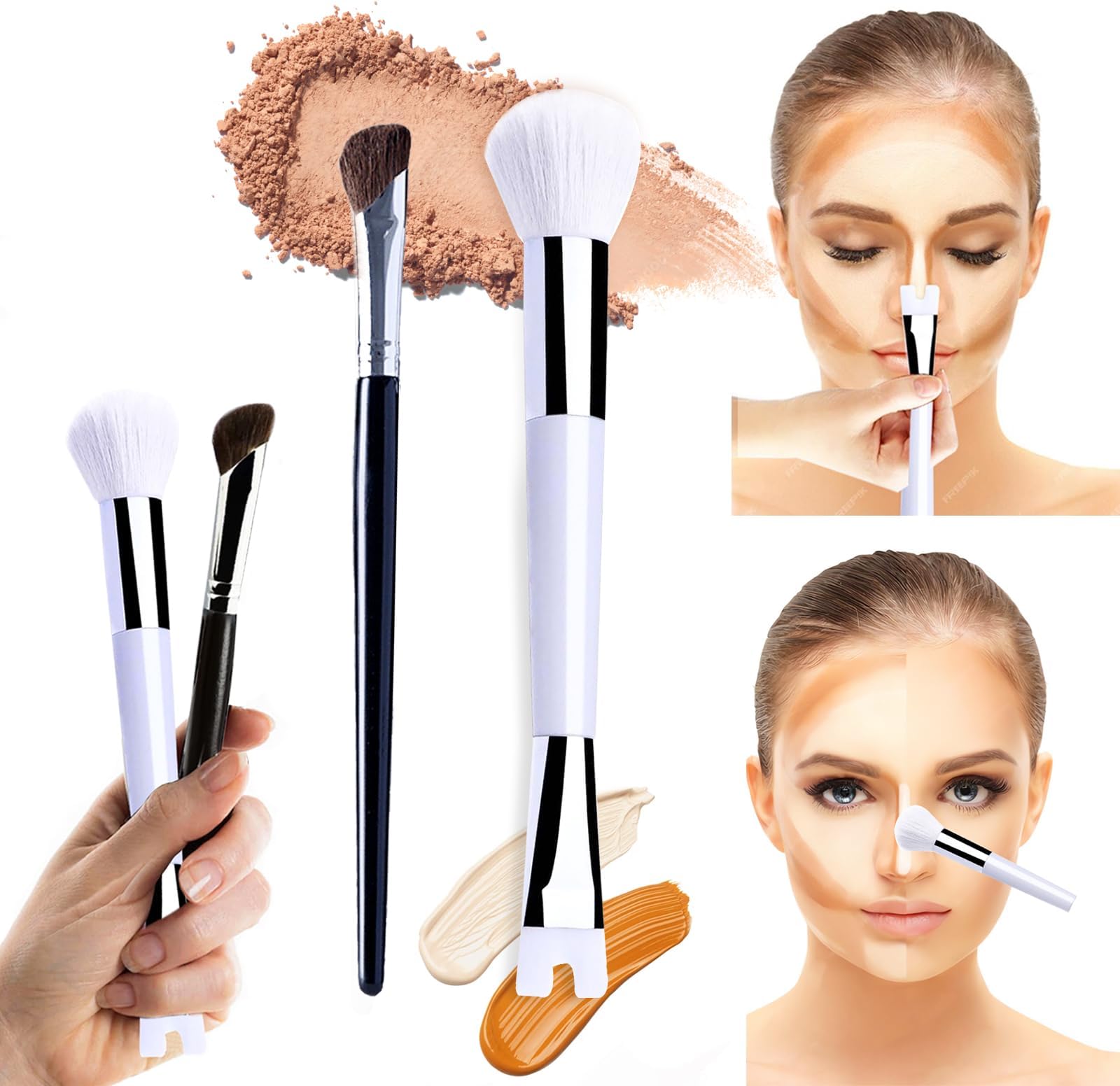 2PCS Nose Contour Brush Set, 2-In-1 U-Shaped Brush & Fluffy Brush for Nose Sculpting and Defining, Angled Tilt Brush for Nose Shadow, Nose Brushes Combo for Easy Nose Contour