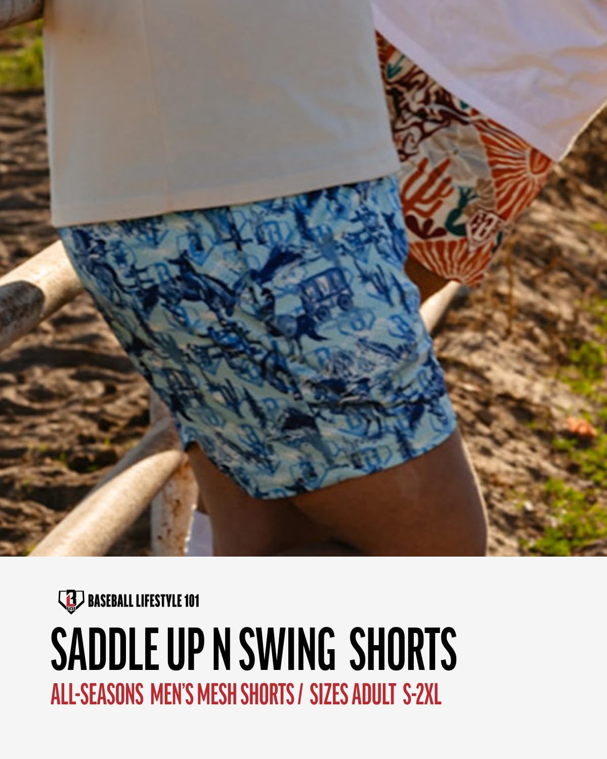 Baseball Lifestyle 101 Men's Saddle Up N Swing Mesh Shorts with Side Pockets and Elastic Waist, 5 in Inseam S-2XL Sizes