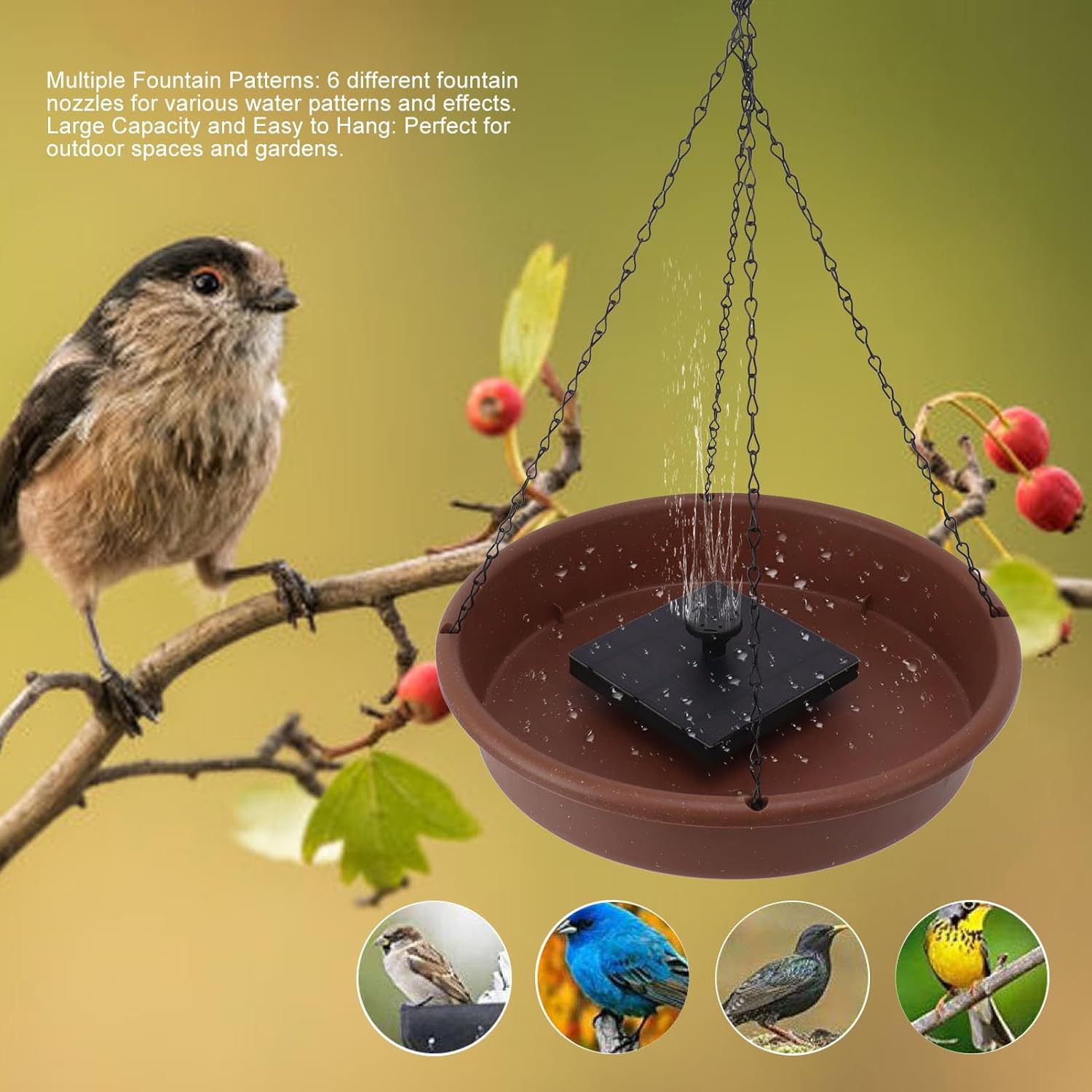 Luqeeg Solar Powered Birdbath Fountain 1.4W Solar Powered Hanging Round Bird Bath Pump Bowl 6 Nozzle A Variety of Water Patterns DIY Bird Bath Set for Garden Outdoor Yard Parks