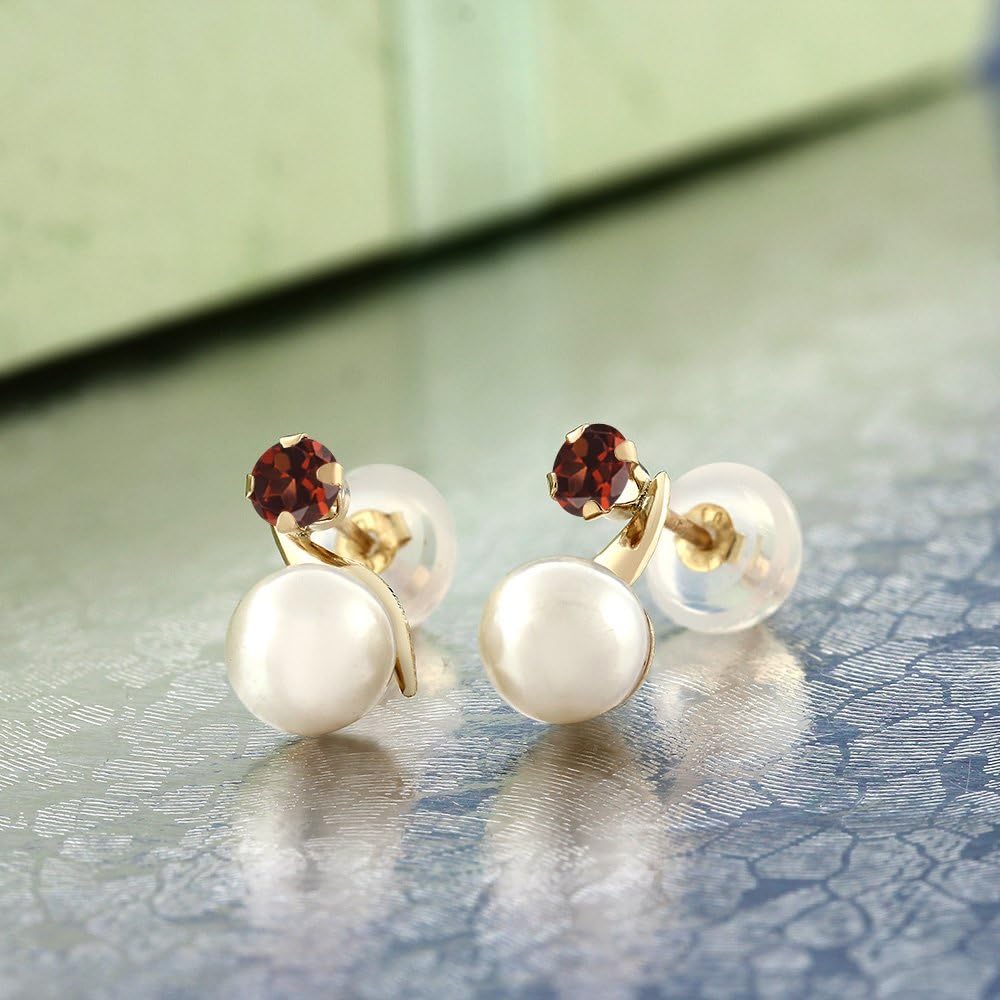 Gem Stone King 14K Yellow Gold 5MM Cultured Freshwater and 3MM Round Gemstone Birthstone Pearl Earrings | Gold Earrings For Women