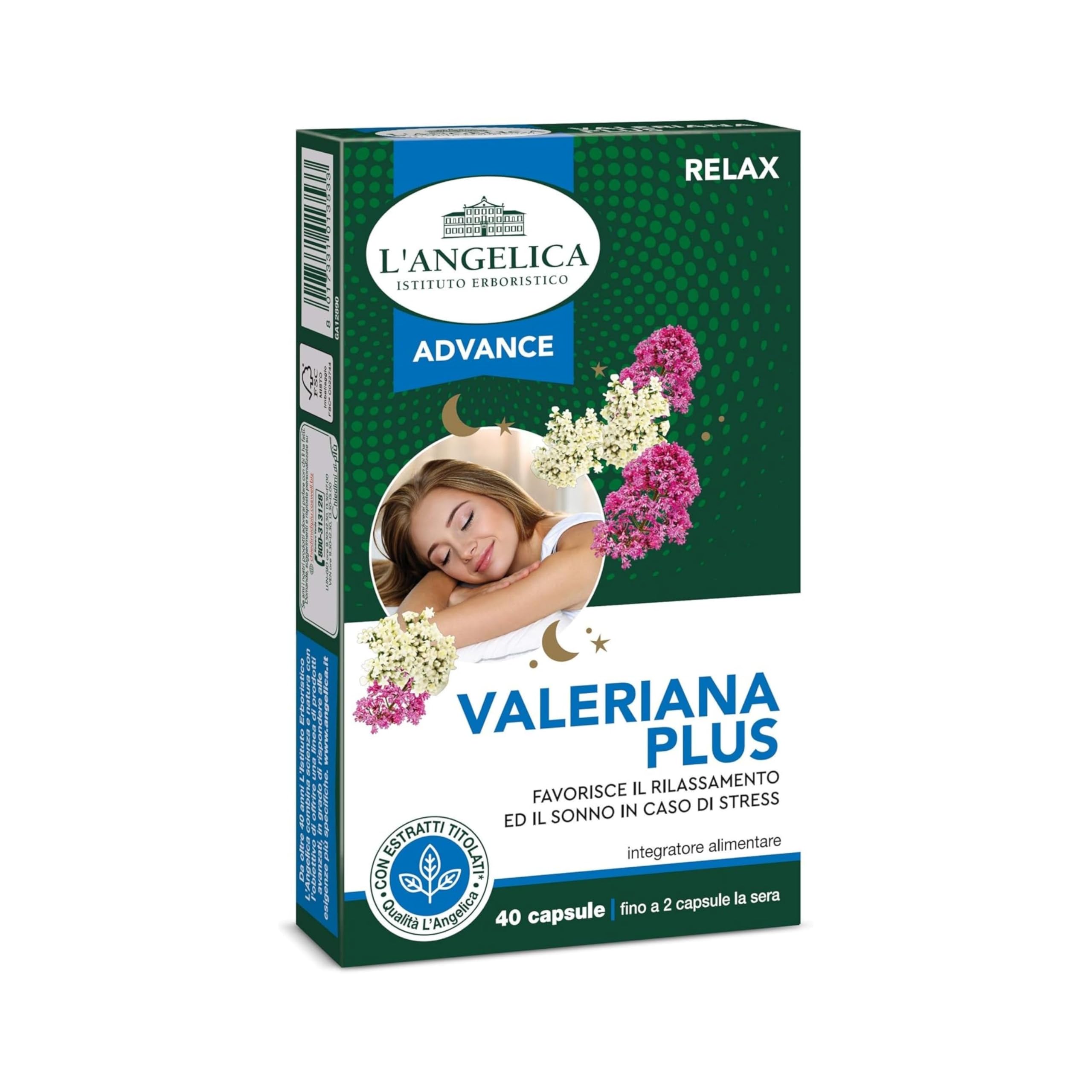 L'Angelica Advance, Valeriana Plus, Integratore Rilassante, Con Valeriana, Vegano, Senza Lattosio, 1 Confezione da 40 Capsule