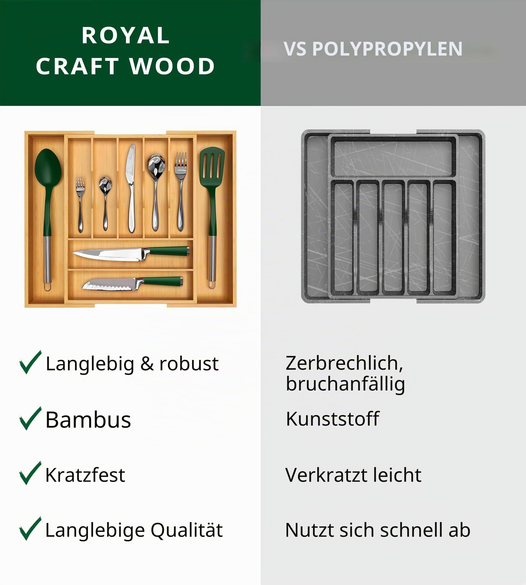 Luxuriöser Bambus-Küchen-Schubladen-Organizer – Besteck-Organizer – Utensilienhalter und Besteckkasten mit gerillten Schubladenteilern für Besteck und Küchenutensilien (9 Fächer, natur)