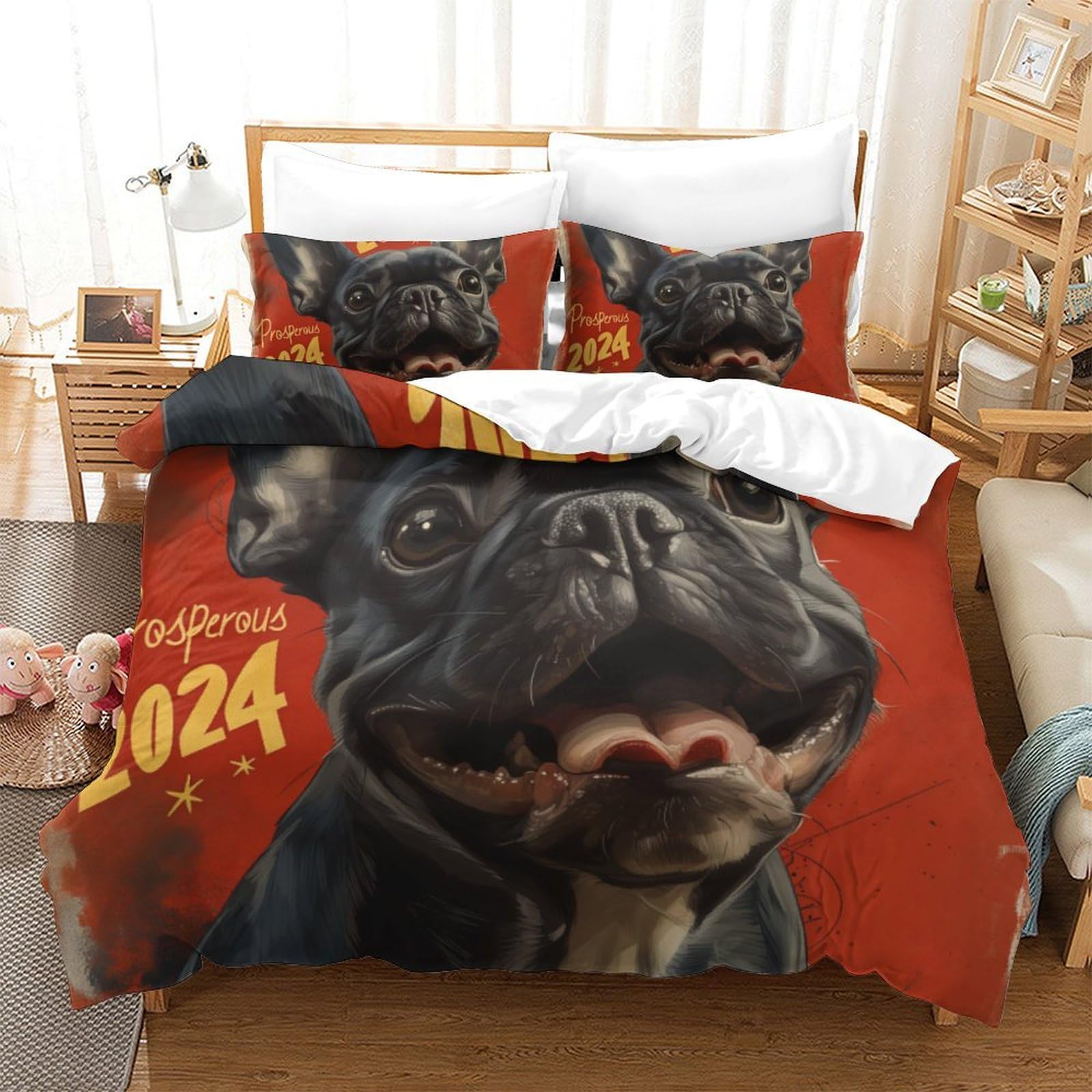 Housse de couette Bouledogue Français douce et zippée pour un lit super king impeccable