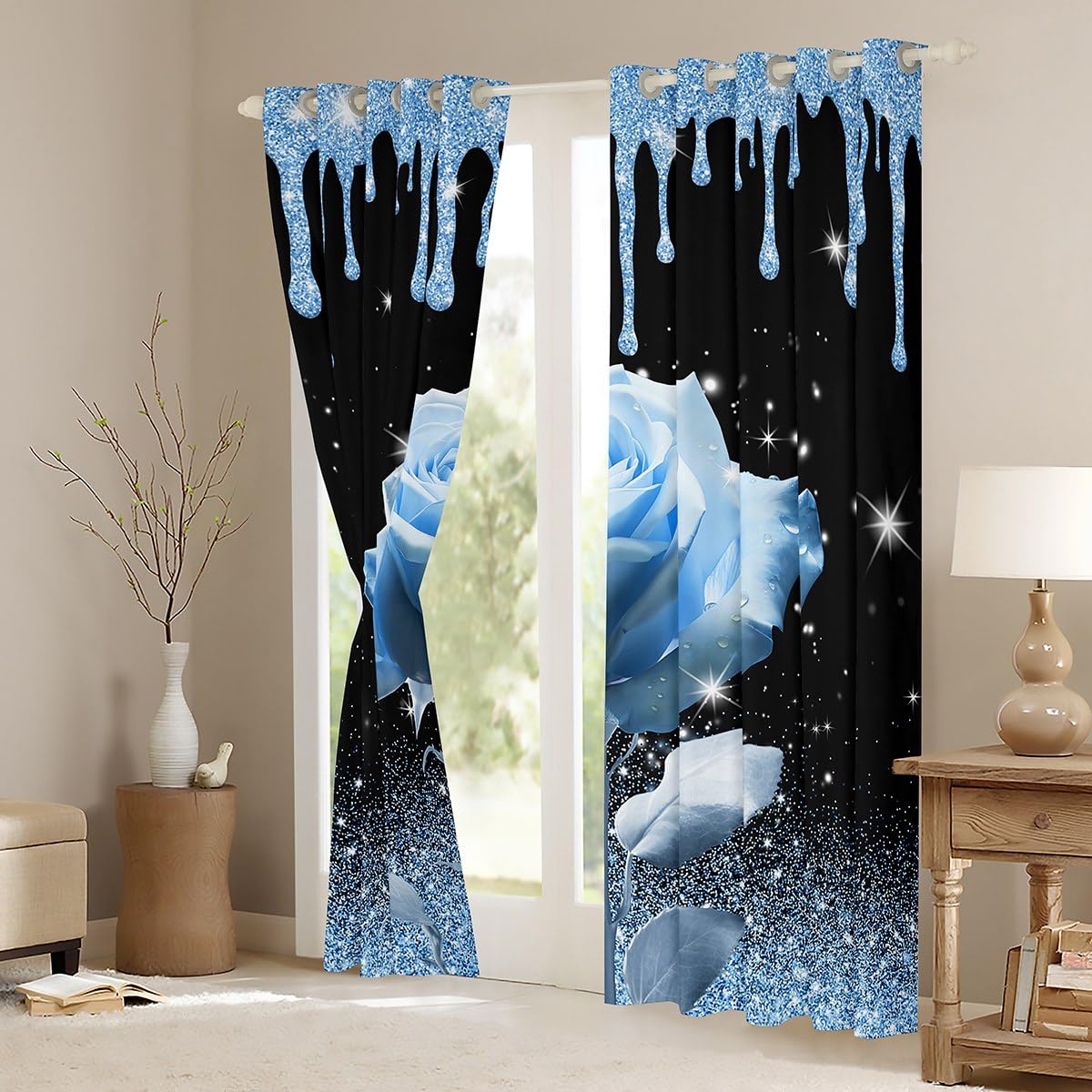 Manfei 3D Blue Rose Blackout Curtain Blue Glitter Print(No Glitter) Window Treatments - Image 3