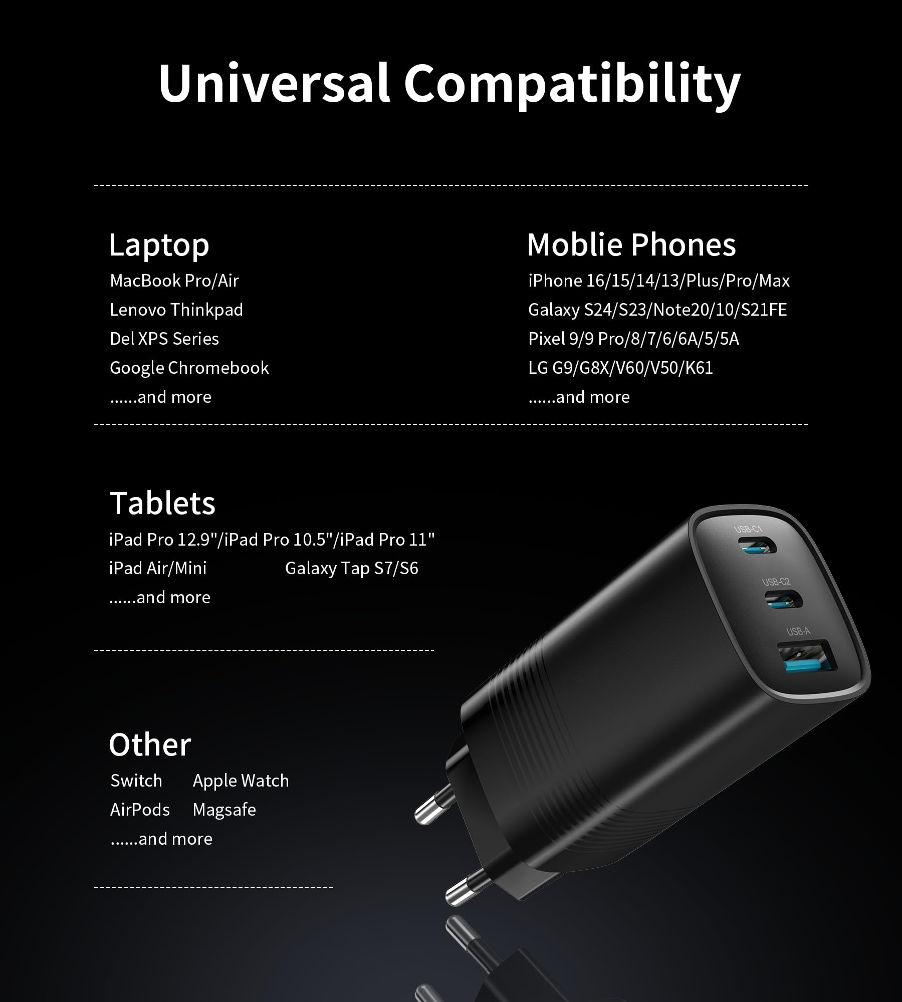Ładowarka USB C 67 W, 3-portowa GaN Compact PD - 67 W USB-C zasilacz sieciowy do MacBook Pro/Air, laptopów, iPhone 16/15/14/13/12, iPad Pro, Samsung Galaxy S24/S23/S22 i Google Pixel