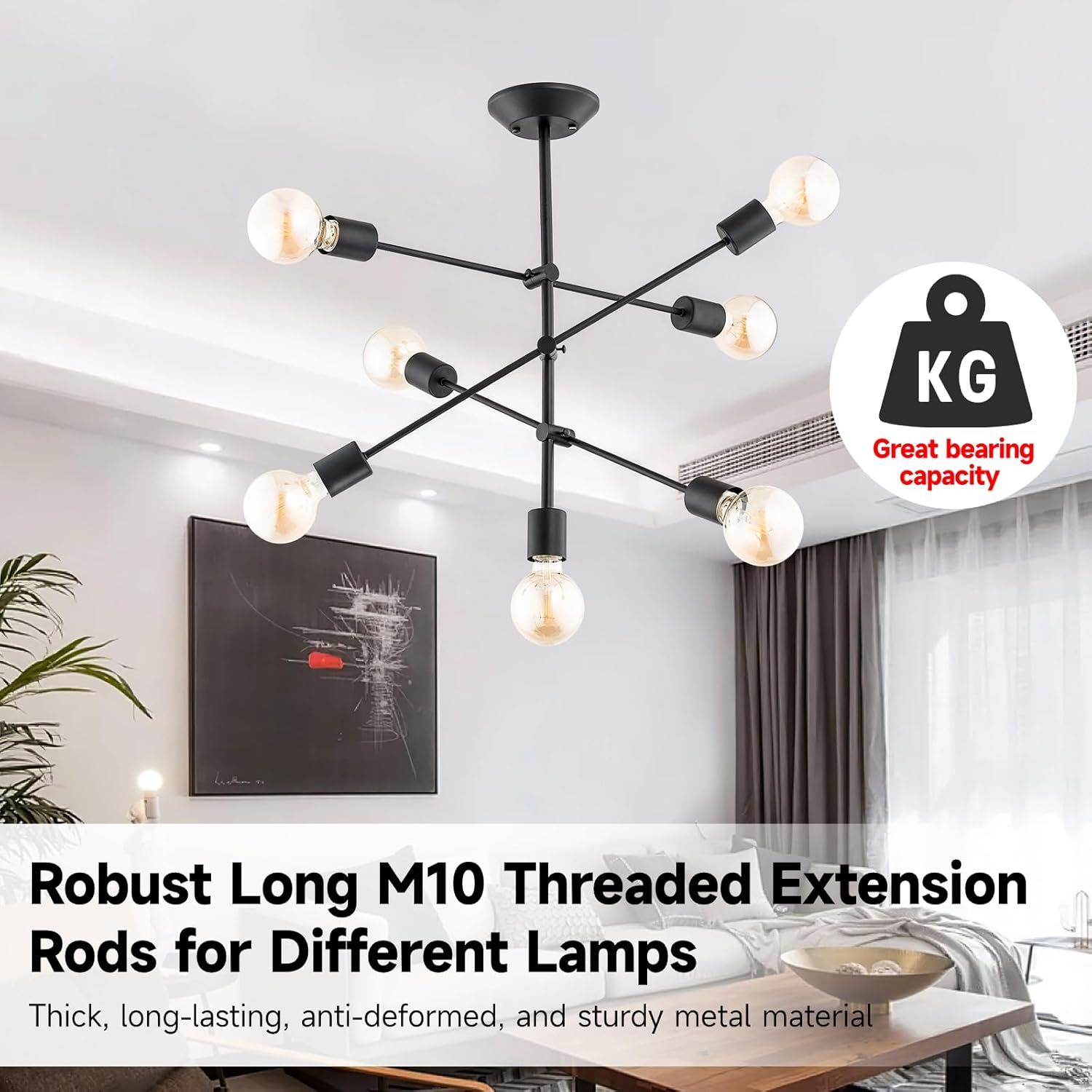Lnrueg Matte Black M10 Threaded Extension Rod, 10 PCS 12 Inches Threaded Extension Rod for Pendant Light, Island Lighting, Chandeliers, Lighting Fixture Rods Stems (Black)