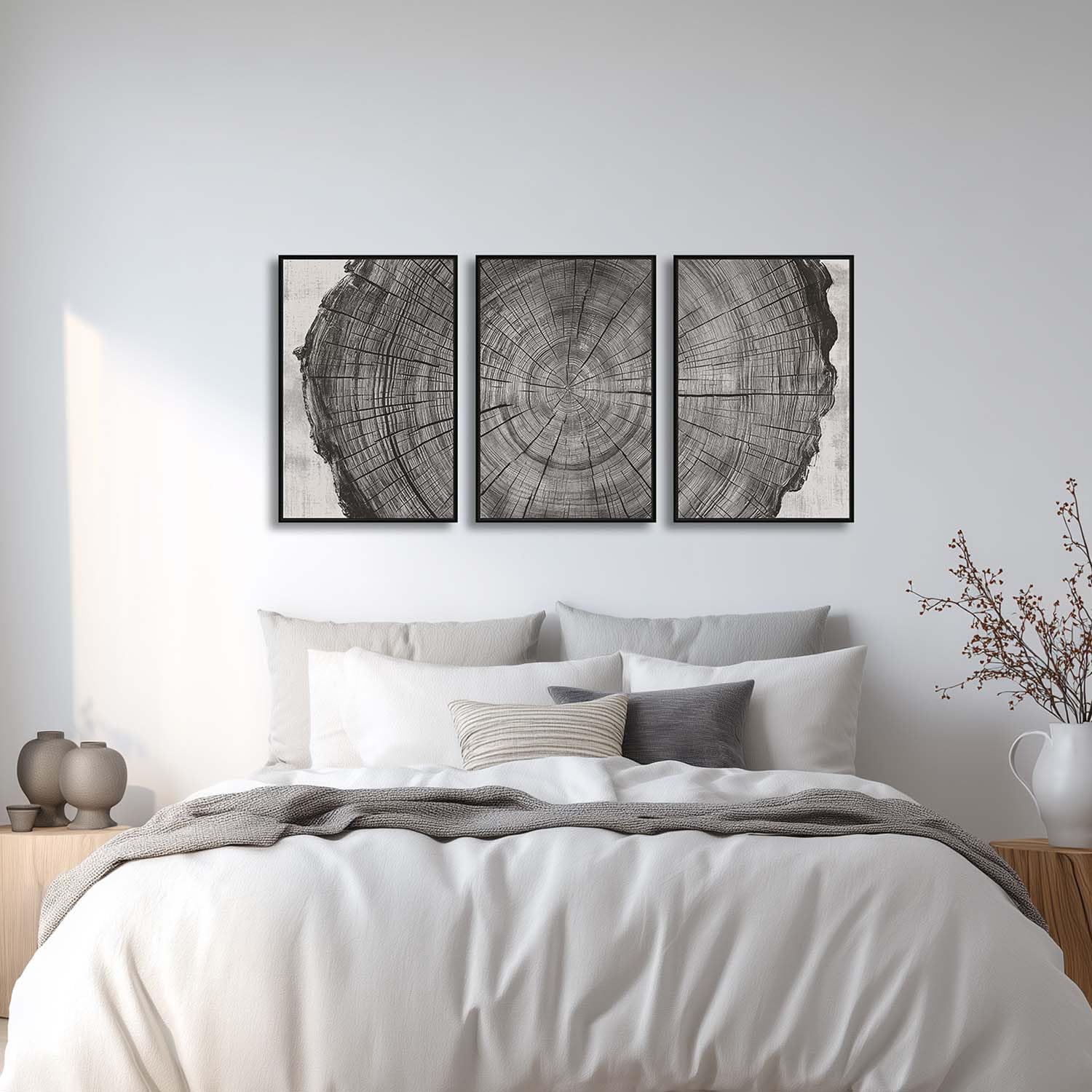 YCJKJDZ Framed Tree Ring Canvas Wall Art Set of 3, Black White Forest Wood Nature Wilderness Pictures Modern Art Rustic Scenic, Art Prints for living room, bedroom, office, or farmhouse – 16x24 in