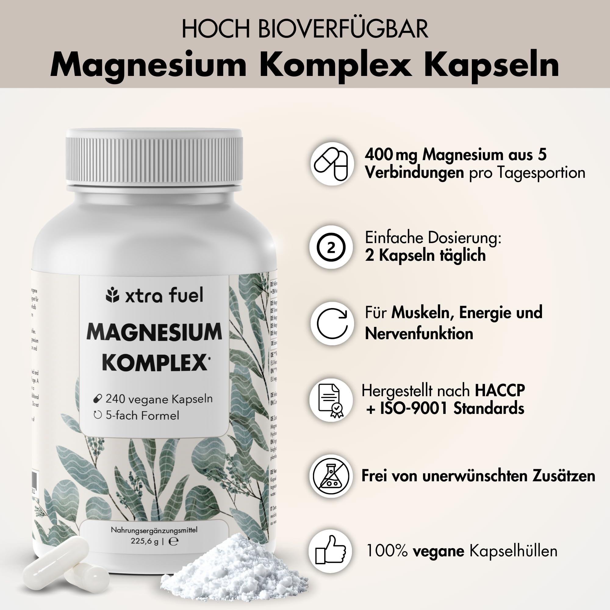 Magnesium Komplex hochdosiert - 720 Kapseln, 400 mg elementares Magnesium, 5-fach Komplex für Muskeln & Nerven aus Oxid, Citrat, Bisglycinat, Malat & Ascorbat – laborgeprüft & vegan