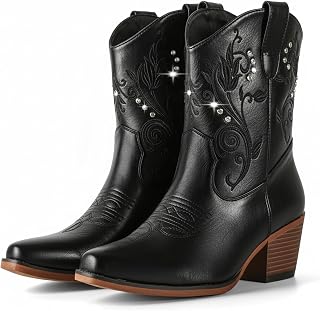 IUV Cowboy Boots for Women Ankle Cowgirl Boots with Rhinestone Decor | Chunky Heel Snip Toe Classic Western Wide Booties