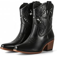 IUV Cowboy Boots for Women Ankle Cowgirl Boots with Rhinestone Decor | Chunky Heel Snip Toe Classic Western Wide Booties