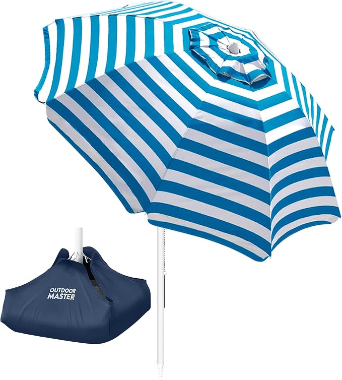 Outdoor Master Beach Umbrella with Sandbag - 6.5ft Beach Umbrella with Sand Anchor, UPF 50+ PU Coating with Carry Bag for Patio and Outdoor - Blue Striped