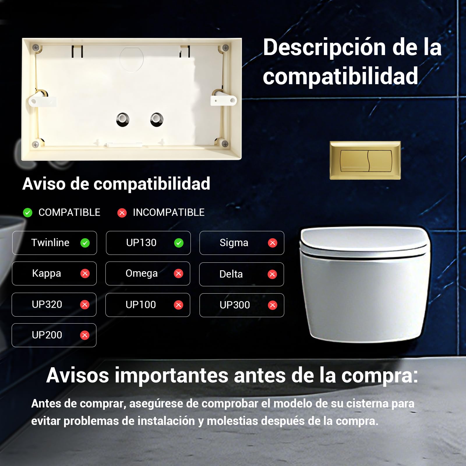 Empyreal Placa de Descarga para Cisterna de WC, Compatible con Geberit Twinline 30&UP130, Con el Kit de la Palanca de Descarga y Tornillos, Doble Función,340 x 185mm(Oro Mate)