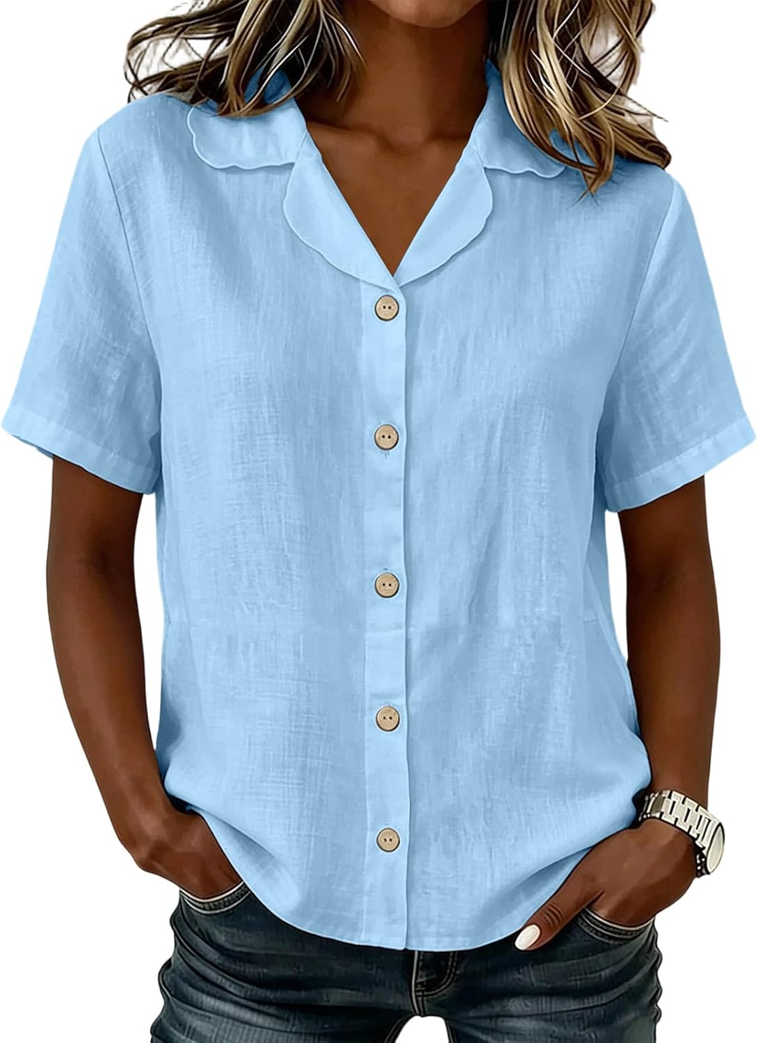 Summer Button Down Shirts for Women Cotton Linen Short Sleeve Casual Tops V Neck Collared Work Blouse