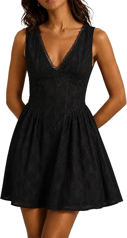 Womens Eyelet Lace Mini Dress Summer Slip Dress V-Neck Ruffle Hem Flowy Boho Short Dresses for Party & Vacation