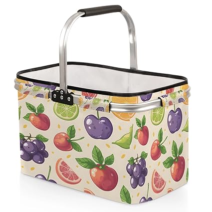 Kizmoglux Grape Apples Lemon Collapsible Market Basket, Foldable Picnic Basket - Large Shopping Basket with Handles, Portable Folding Bag for Shopping Camping Picnic