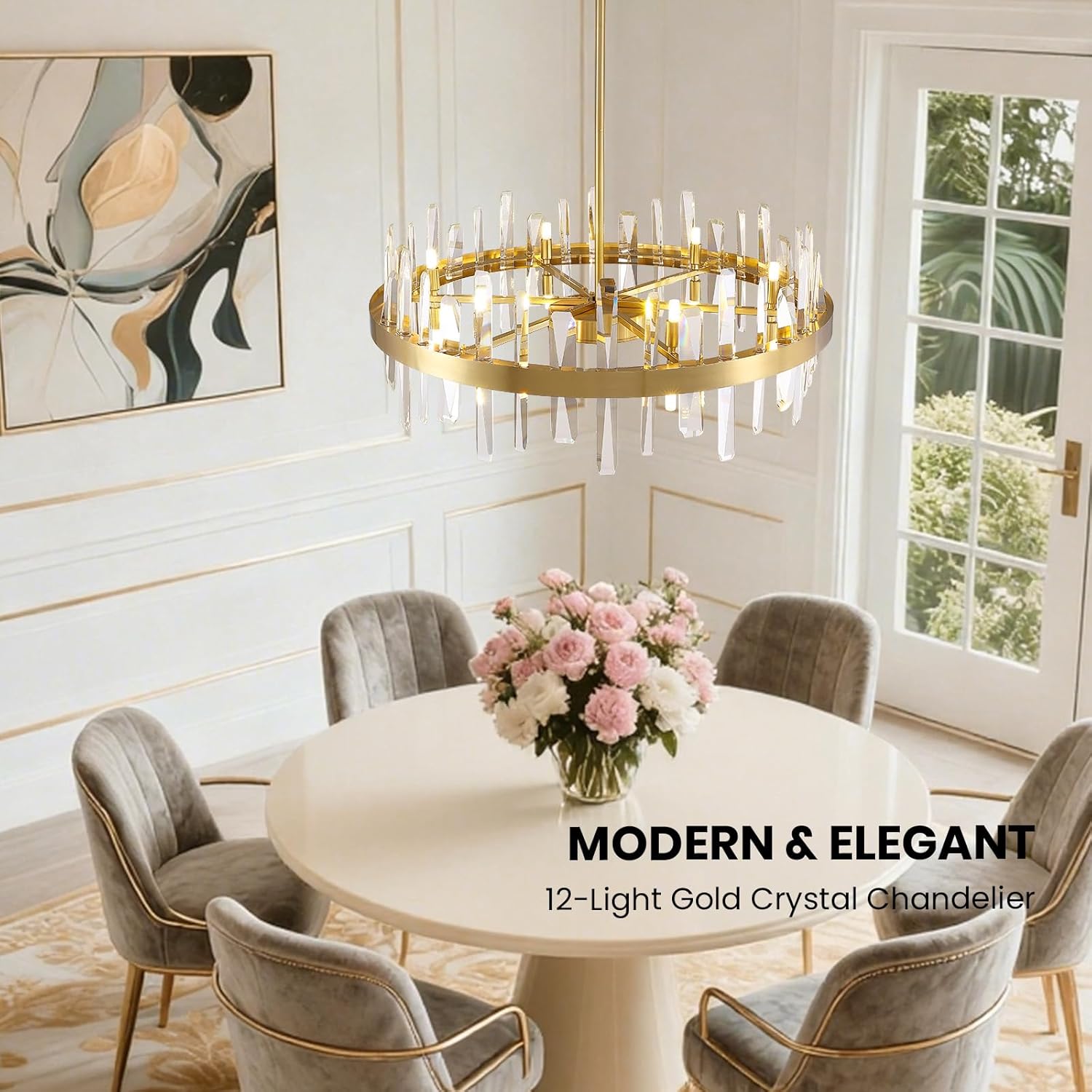 Modern Crystal Chandeliers Large for Dining Room, 12 Lights Round Chandelier 2-Tier Light Fixture Ceiling Hanging Lighting for Living Room Kitchen Island Entryway Foyer (31.5'')